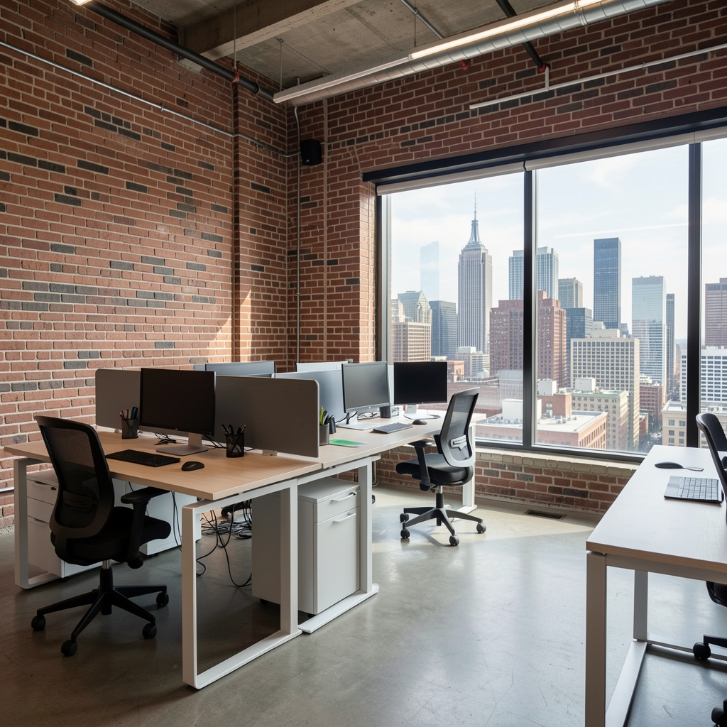 Enigma Advisory office interior in downtown Boston with exposed brick walls, modern ergonomic workstations, and a large city skyline view through panoramic windows