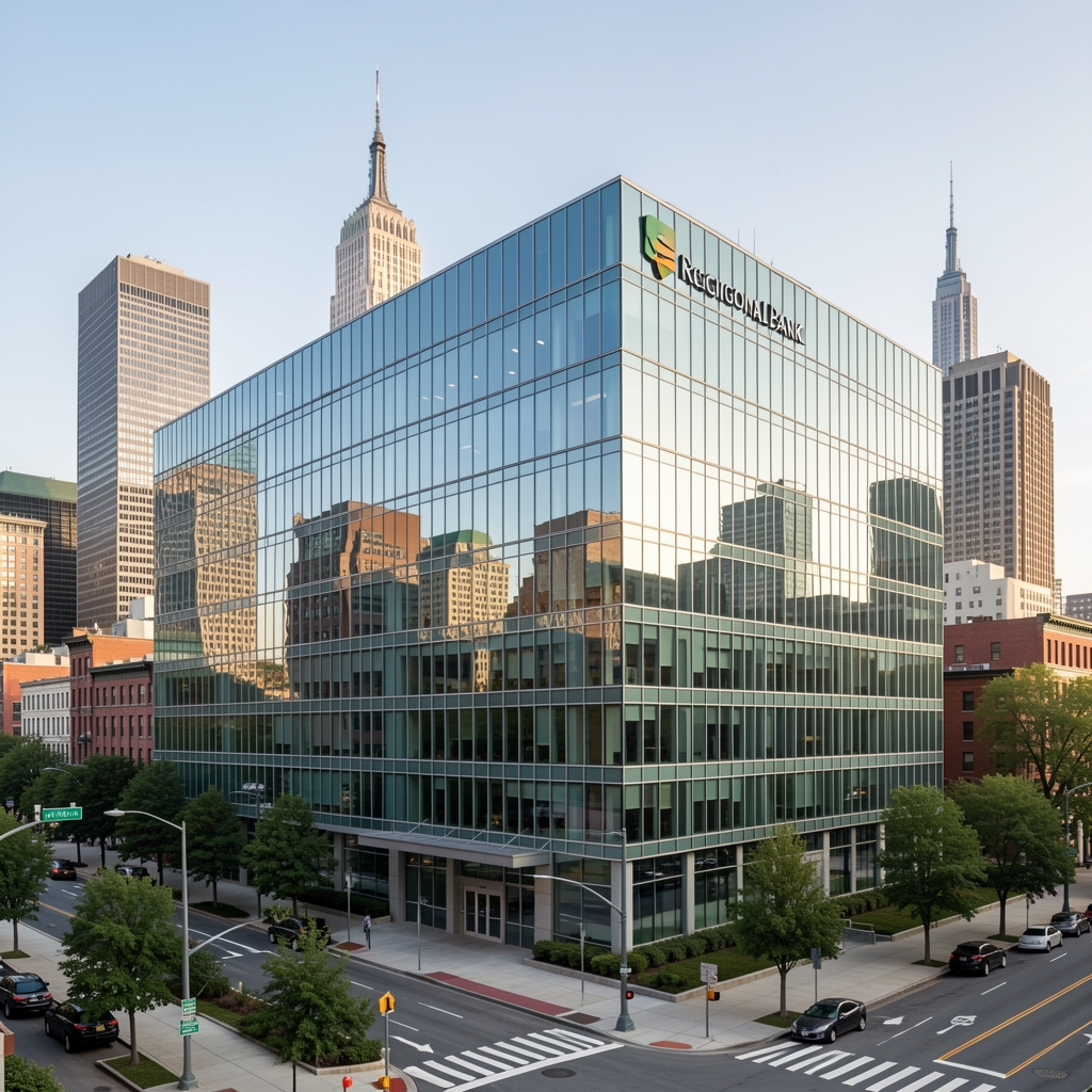 Modern corporate headquarters of a regional bank in Boston with glass facade and financial district skyline in the background