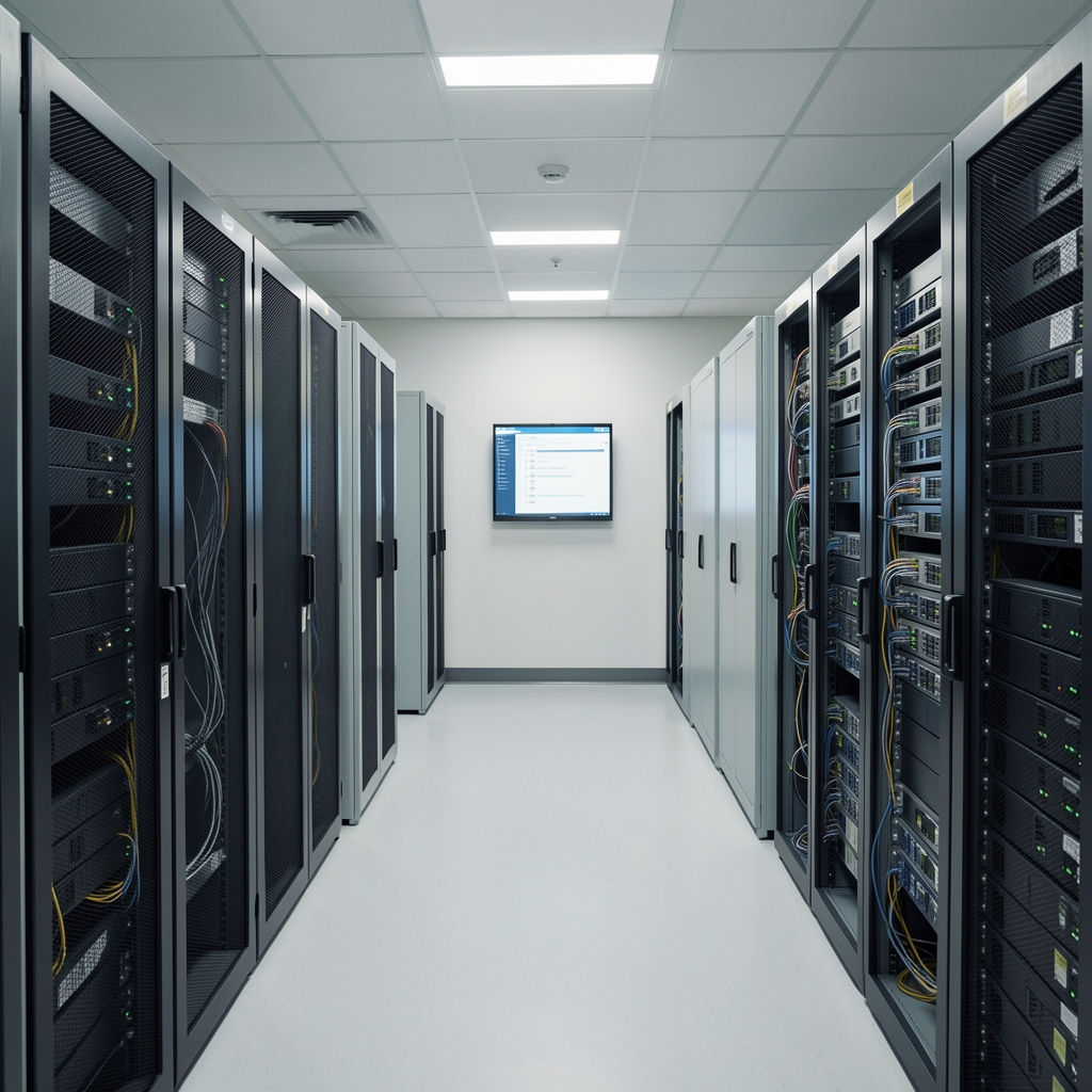 Hospital IT infrastructure room with servers and network equipment supporting healthcare electronic medical records systems