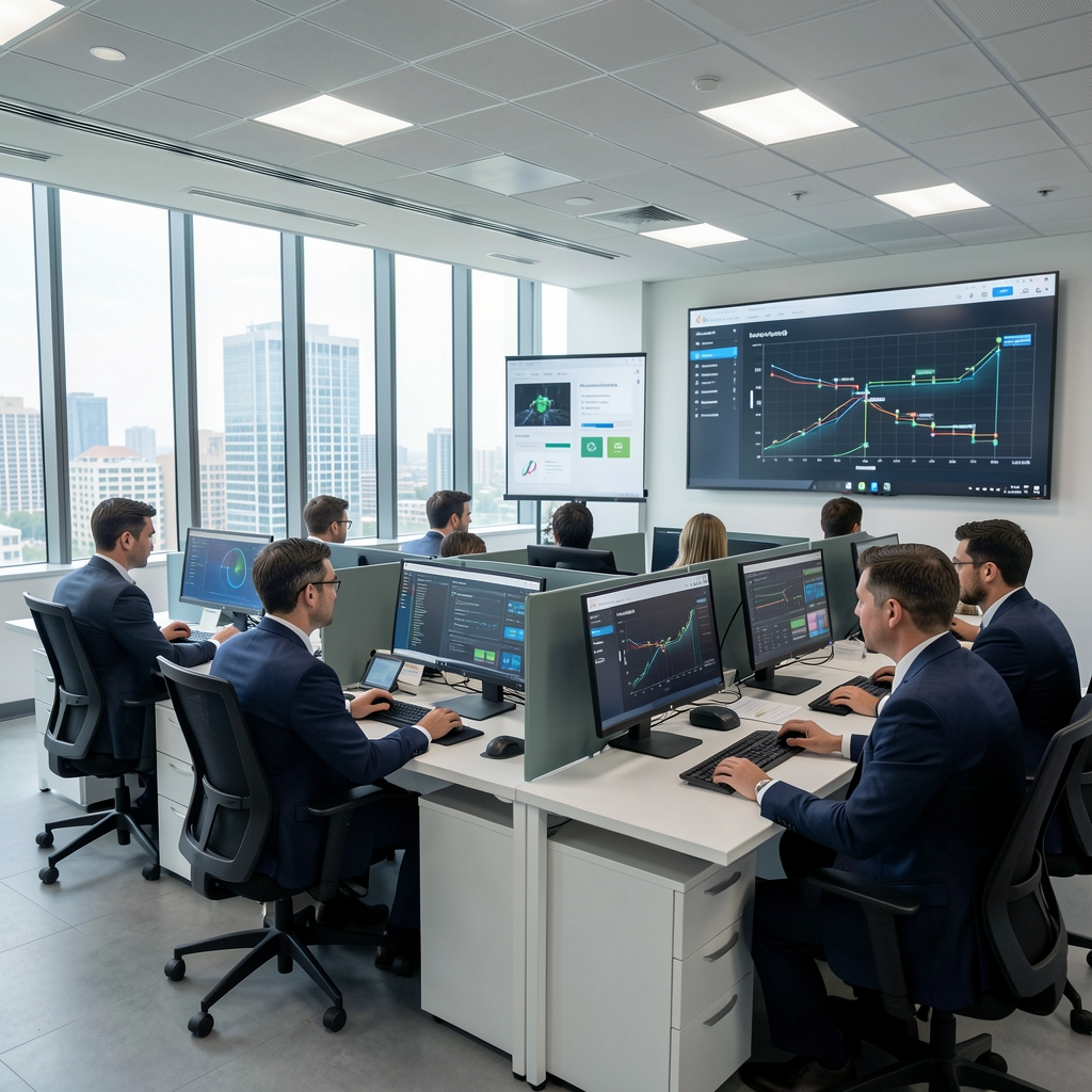Government technology operations center with officials monitoring secure digital infrastructure systems and compliance dashboards in a modern facility