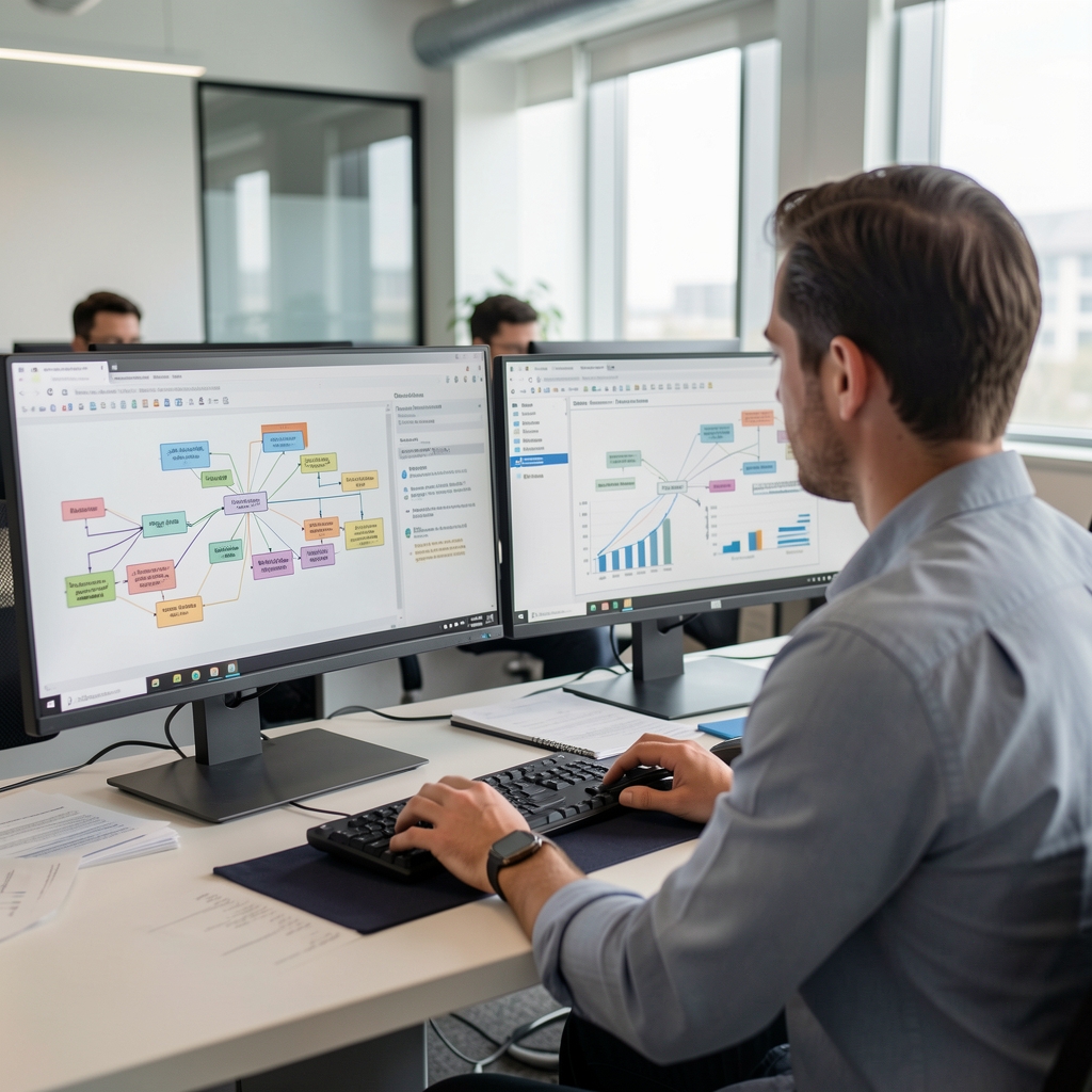 Data engineer reviewing complex data lineage diagrams and governance policy documentation on dual monitors in a modern enterprise analytics workspace