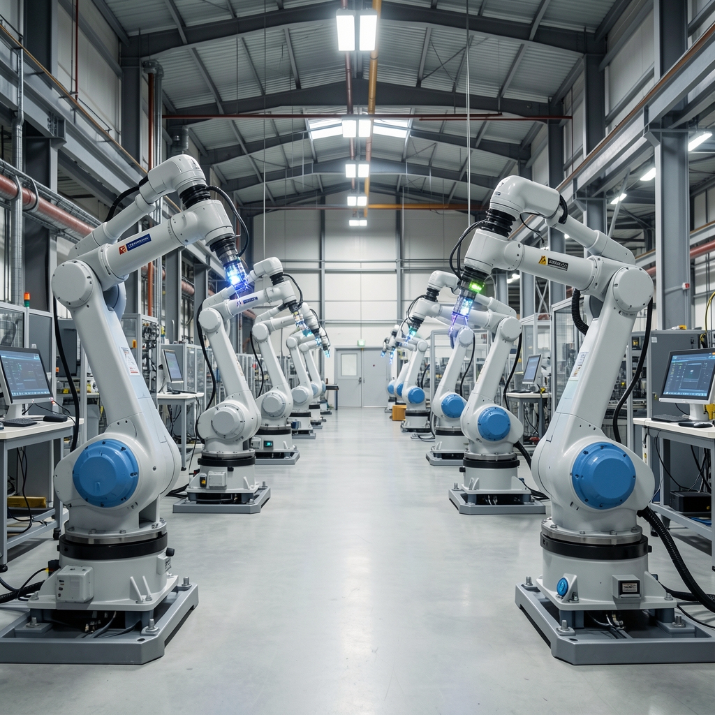 Manufacturing plant floor with robotic arms and IoT sensors, illustrating industrial digital transformation and smart factory automation