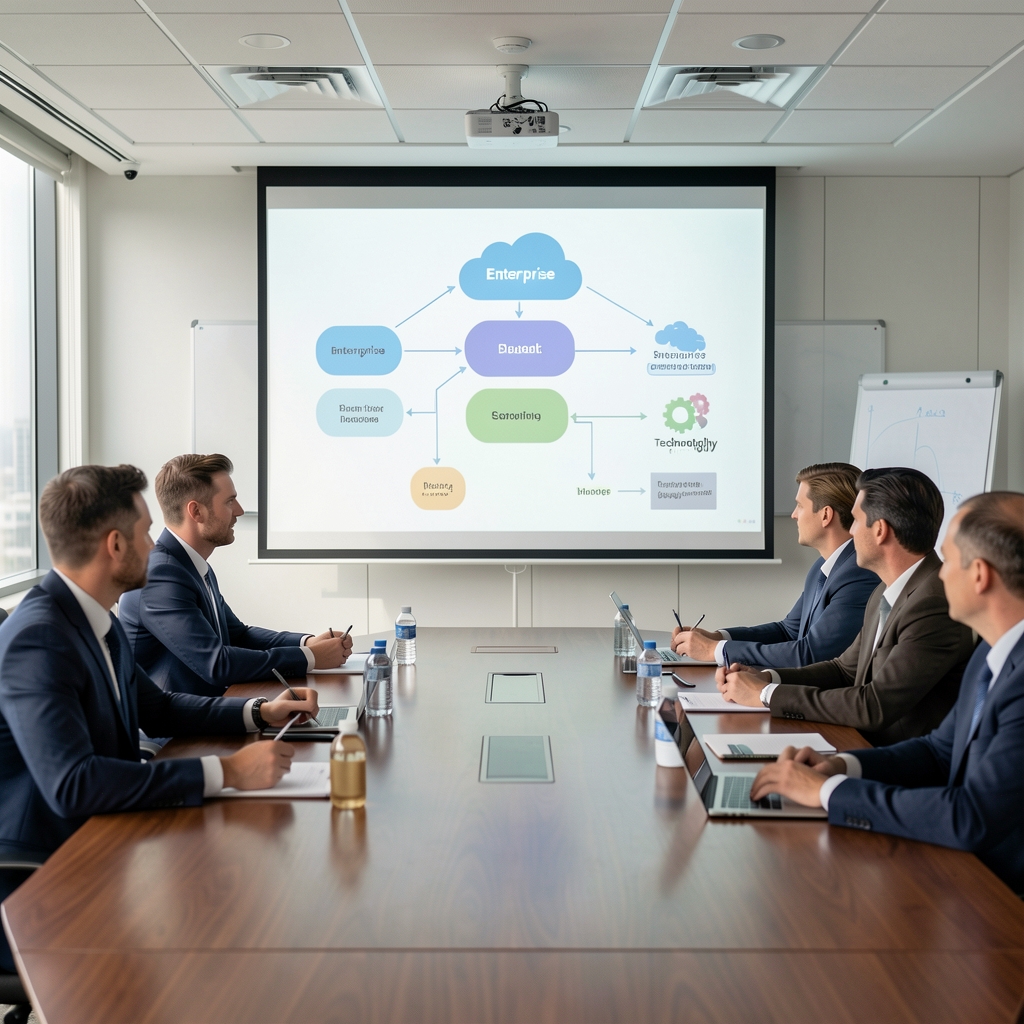 Enterprise cloud architecture diagram projected on a conference room screen during a technology strategy meeting with business executives