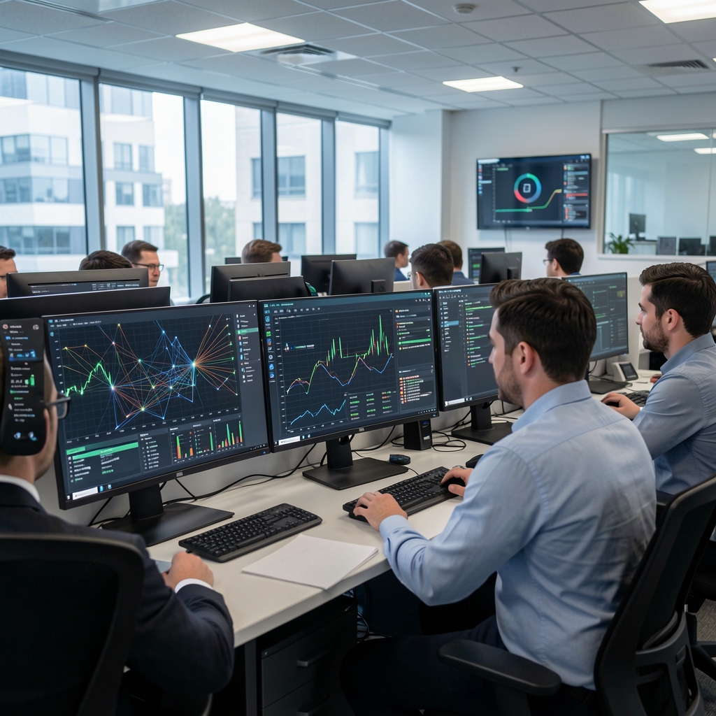 Cybersecurity operations center with analysts monitoring threat intelligence dashboards displaying network activity and security alerts