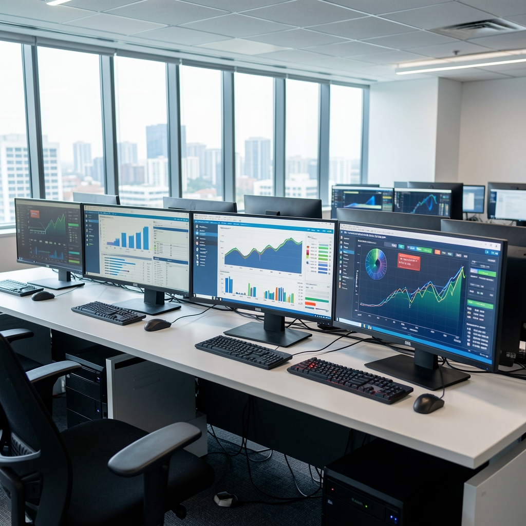 IT operations center with multiple monitors displaying infrastructure dashboards and real-time system health metrics in a professional enterprise environment