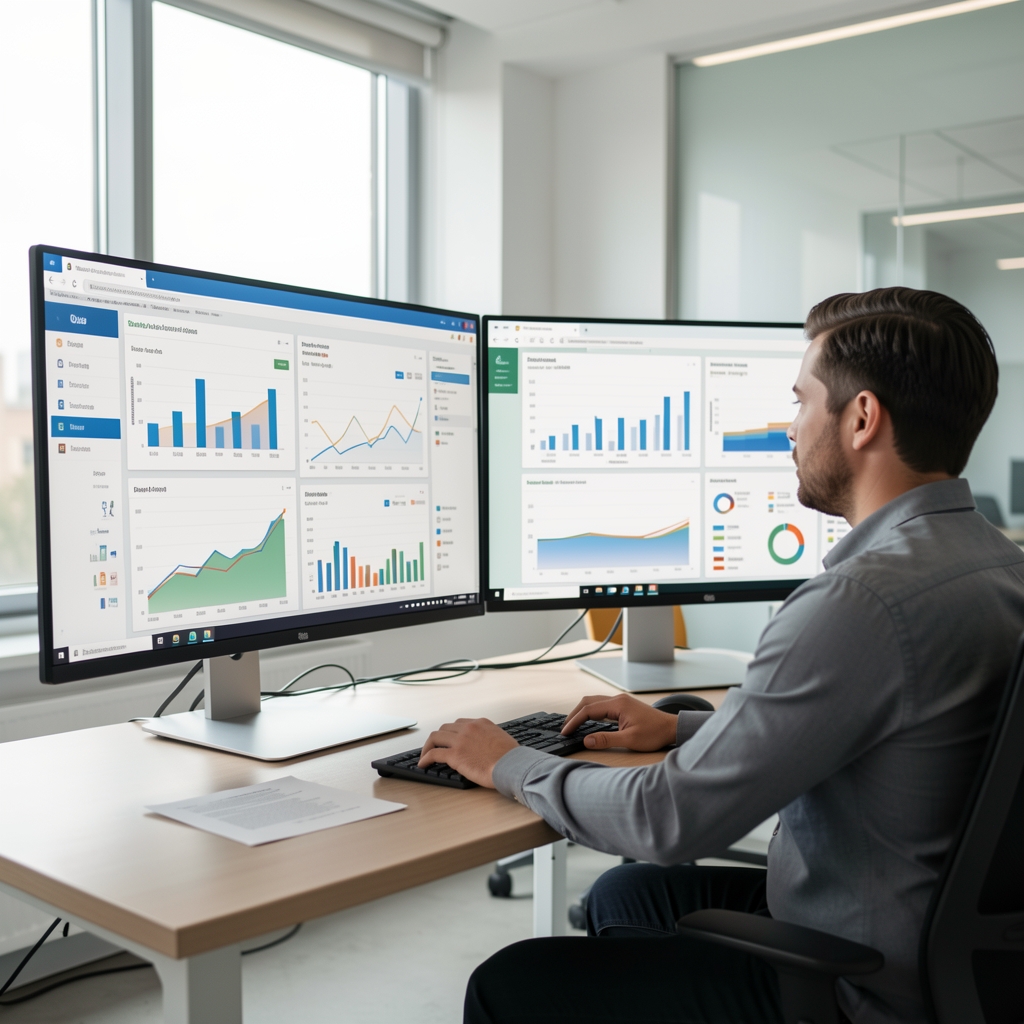 Data analytics professional reviewing multiple dashboards and data visualization charts on dual large-format monitors in a modern analytics workspace