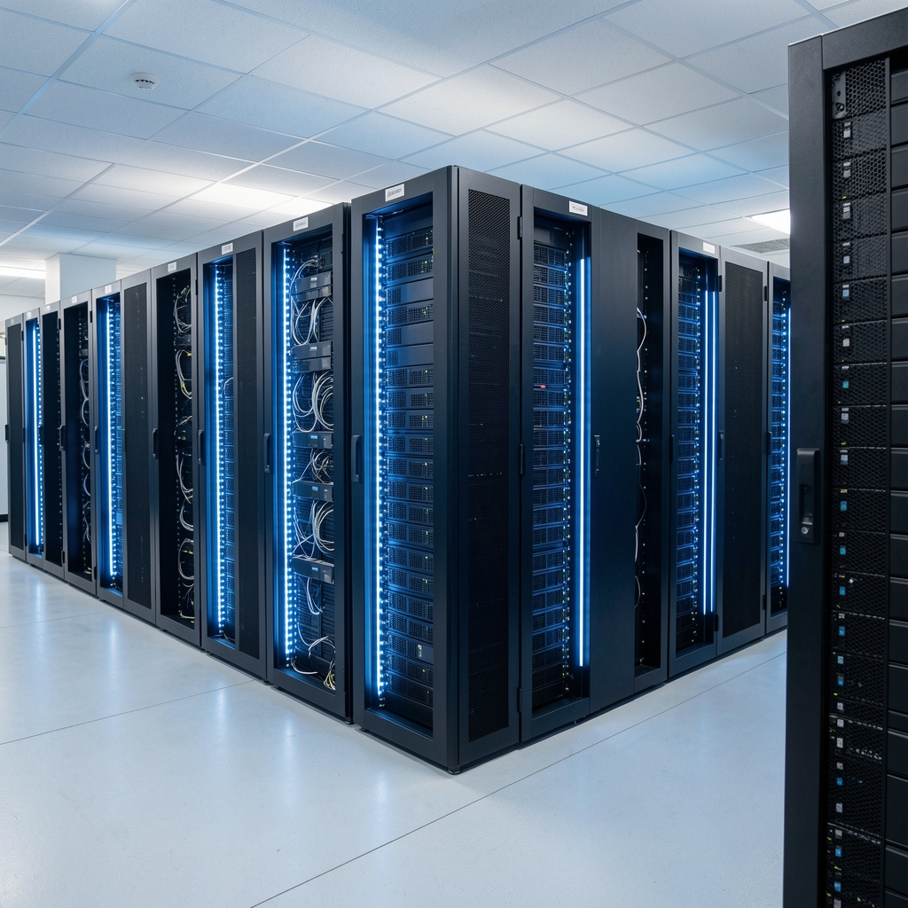 Enterprise data center with rows of servers and network equipment with blue LED lighting, representing hybrid cloud infrastructure