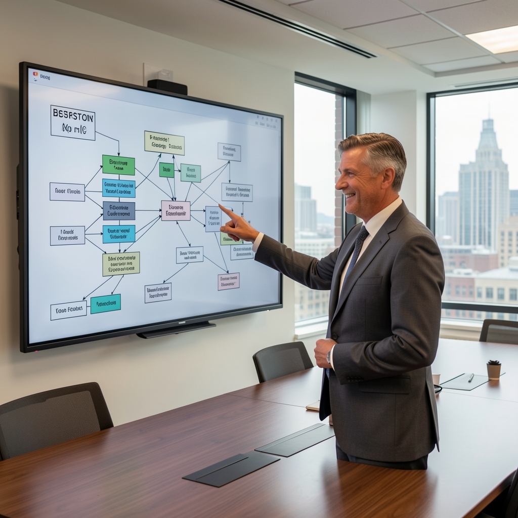 Senior IT strategy consultant pointing at a complex enterprise architecture diagram displayed on a large touchscreen in a modern Boston boardroom