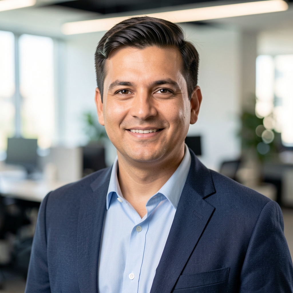 Professional headshot of a cloud infrastructure architect in business casual attire with a blurred office background